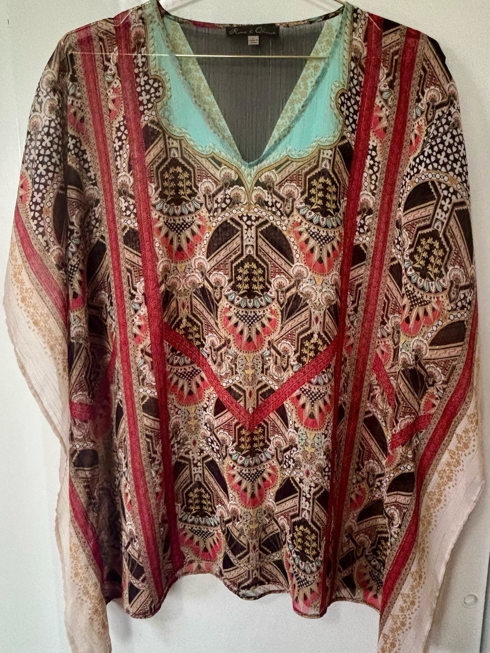Rose & Olive| Multicolour Paisley Boho V-Neck Lightweight Kaftan Blouse Sz L